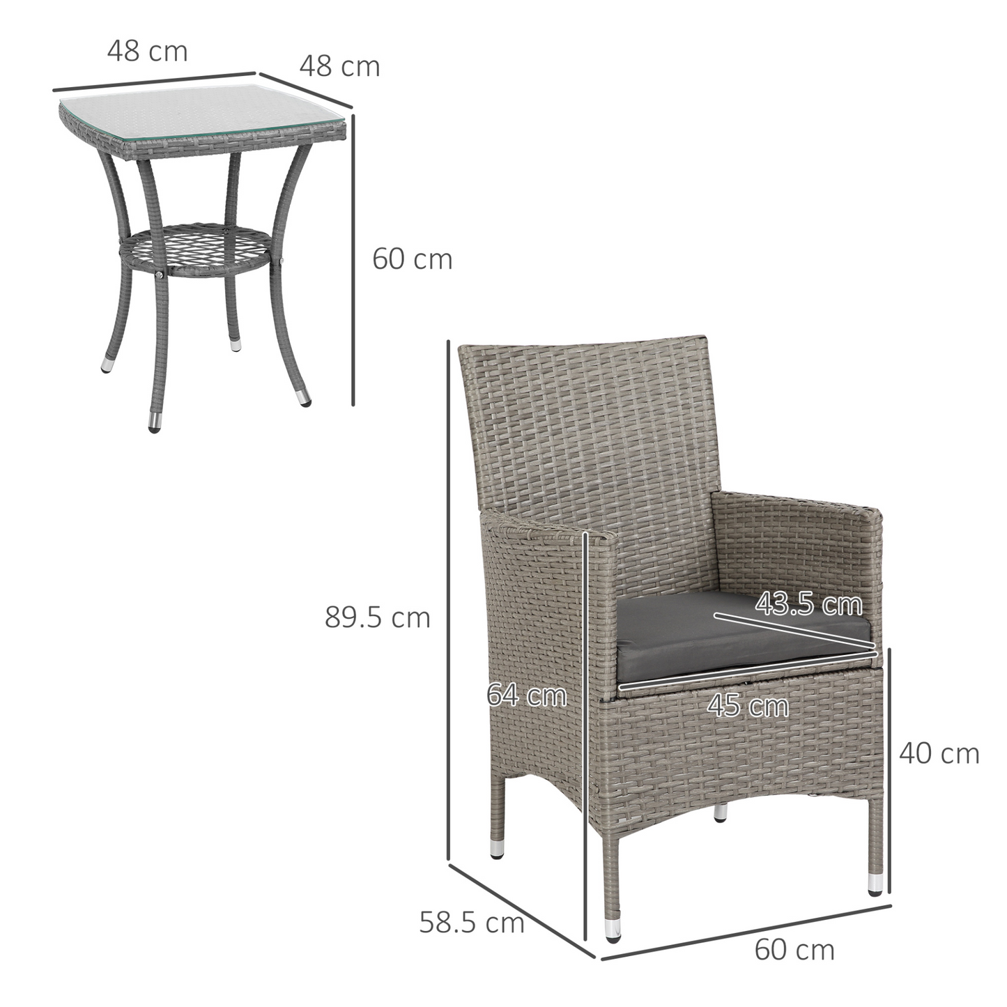 Outsunny Garden Outdoor Rattan Furniture Bistro Set 3 PCs Patio Weave Companion Chair Table Set Conservatory, Light Grey
