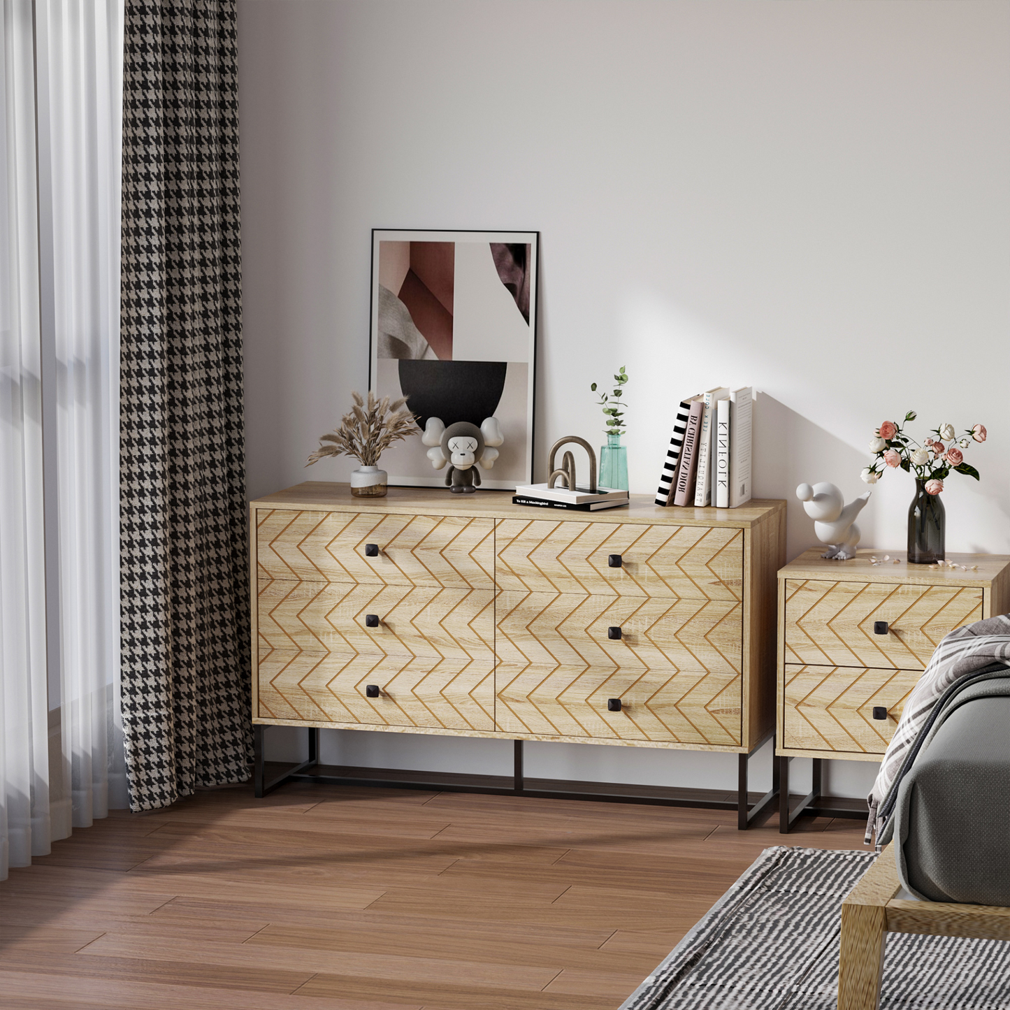 HOMCOM 6 Drawer Chest Sideboard Cabinet Storage Unit Hallway Bedroom Living Room Zigzag Design w/ Black Metal Handles Anti Tip 71x120cm