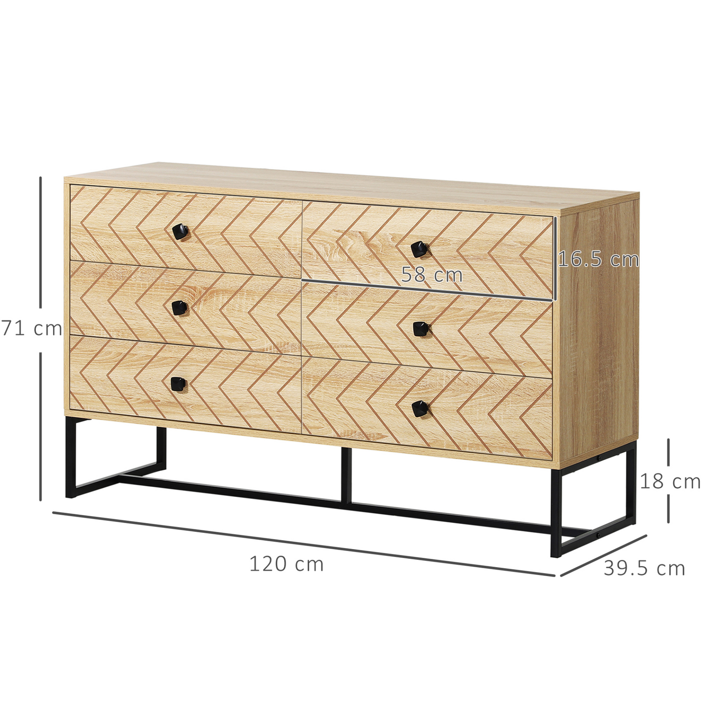 HOMCOM 6 Drawer Chest Sideboard Cabinet Storage Unit Hallway Bedroom Living Room Zigzag Design w/ Black Metal Handles Anti Tip 71x120cm