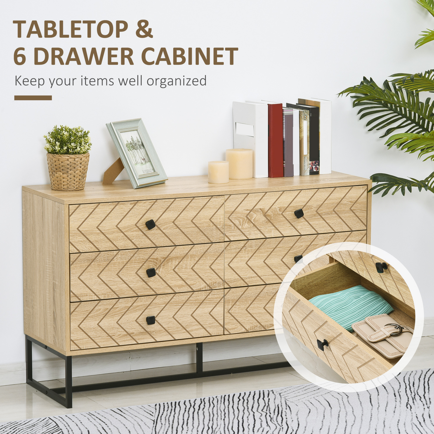 HOMCOM 6 Drawer Chest Sideboard Cabinet Storage Unit Hallway Bedroom Living Room Zigzag Design w/ Black Metal Handles Anti Tip 71x120cm