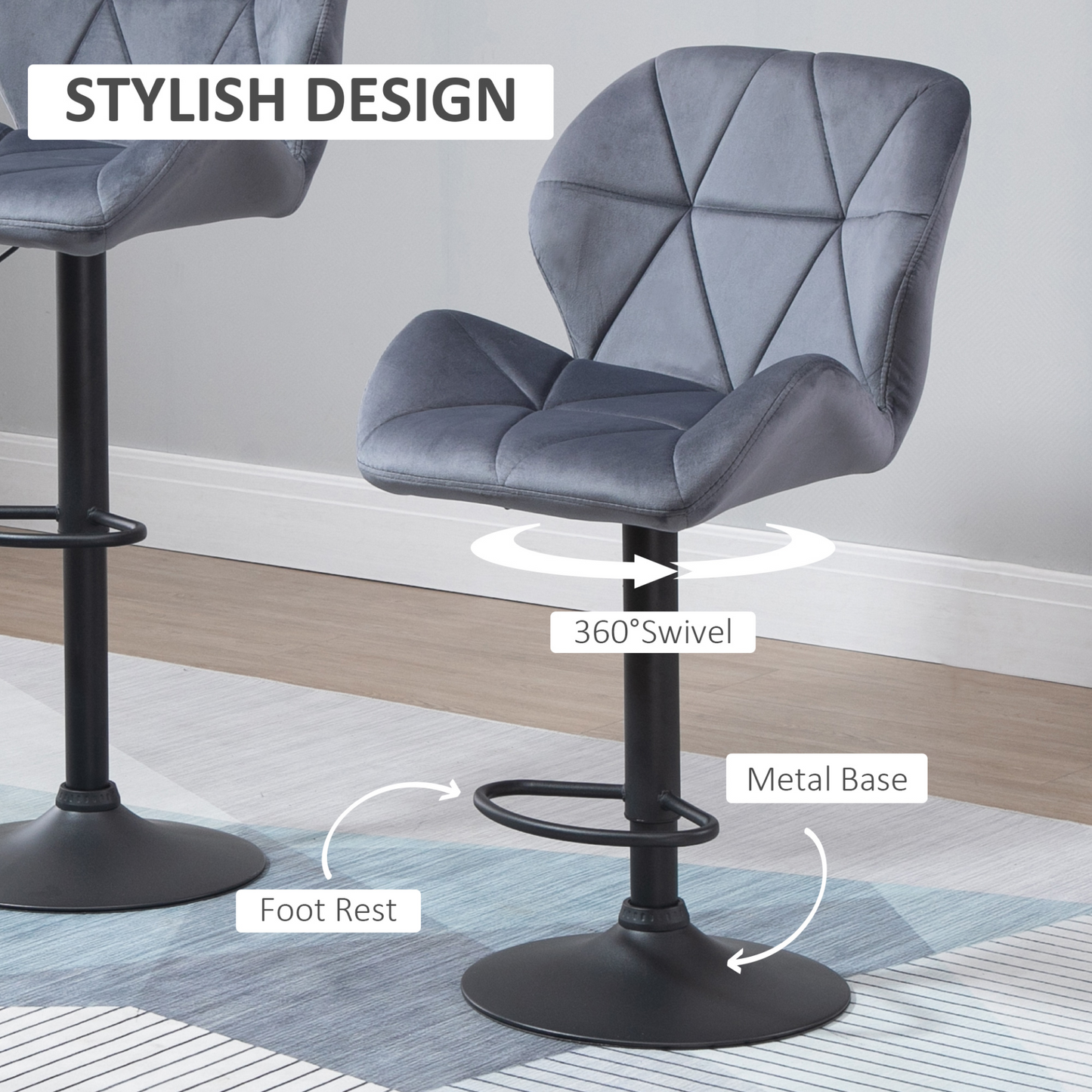 HOMCOM Bar Stool Set of 2 Fabric Adjustable Height Armless Upholstered Counter Chairs with Swivel Seat, Grey