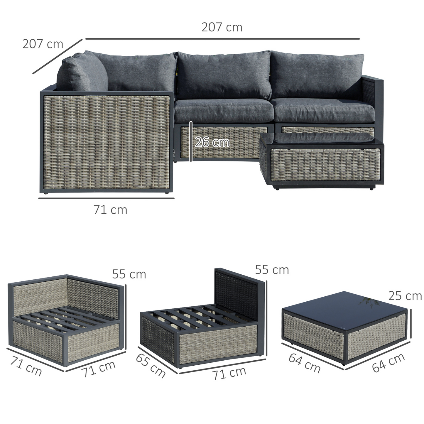 Outsunny 6 Pieces Patio Wicker Corner Sofa Set, Outdoor PE Rattan Sectional Conversation Aluminum Frame Furniture Set w/ Padded Cushion & Coffee Table, Grey