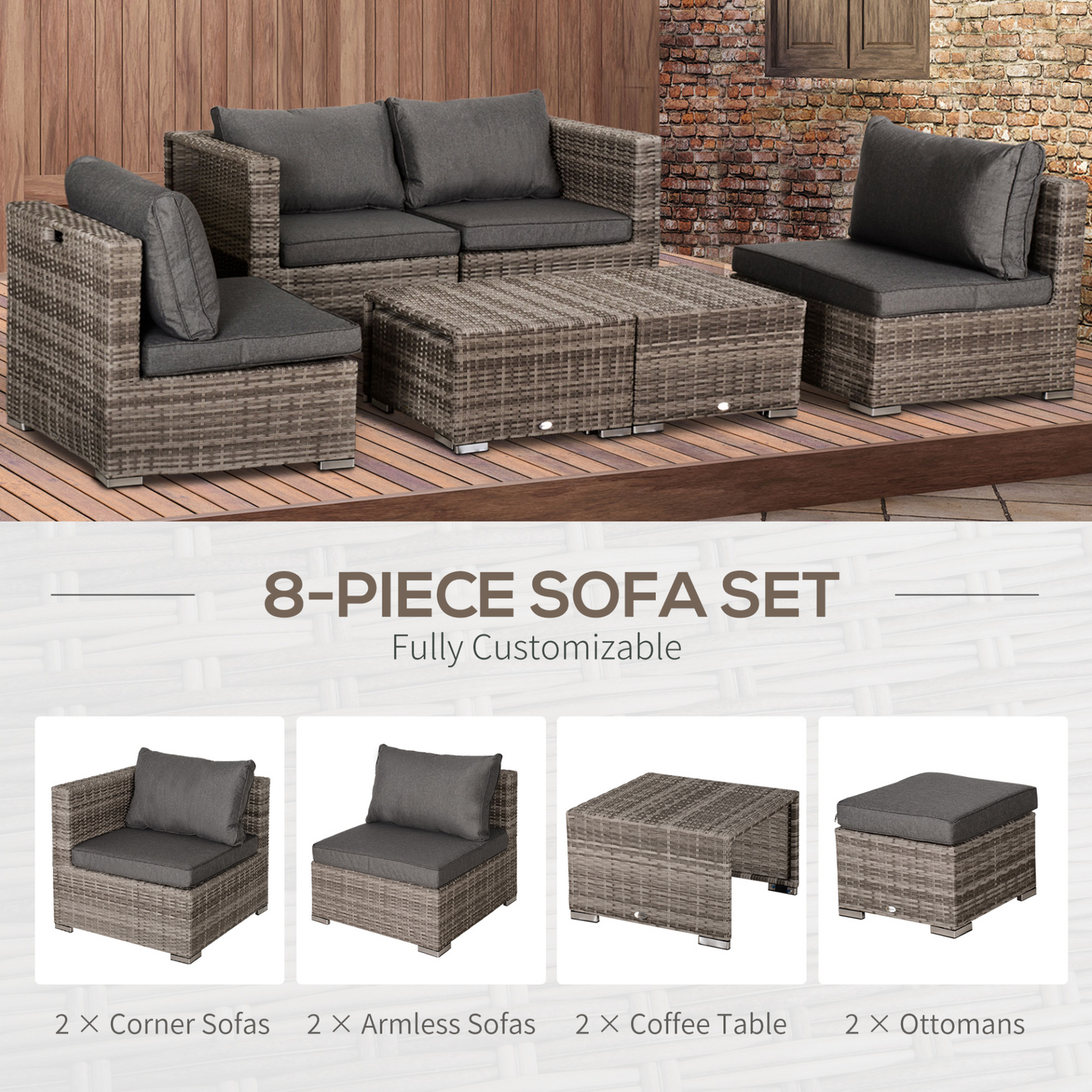 Outsunny 8pc Rattan Garden Furniture 6 Seater Sofa & Coffee Table Set Bonzer Outdoor Patio Furniture Wicker Weave Chair Space-saving Compact - Grey