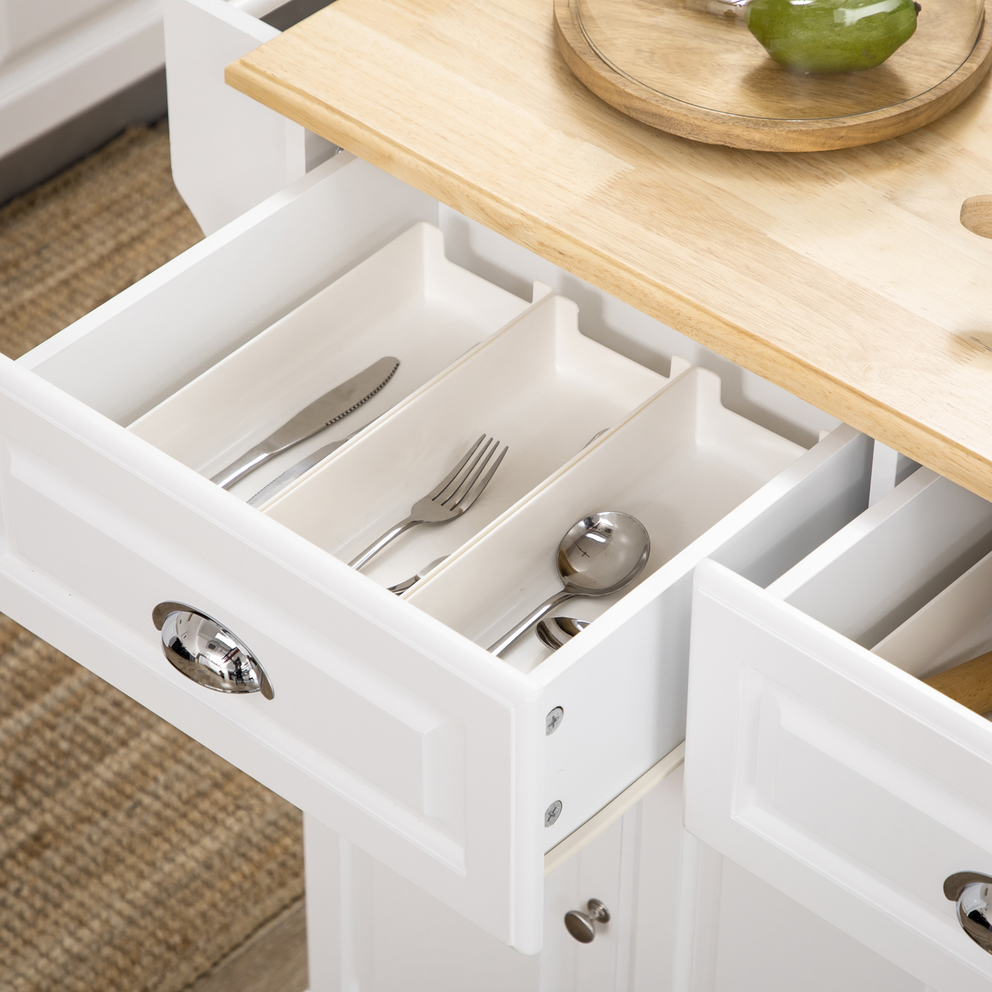 HOMCOM Kitchen Storage Trolley with Adjustable Shelf, Rolling Kitchen Island with Drawers and Cabinets, 110 x 45 x 89cm, White