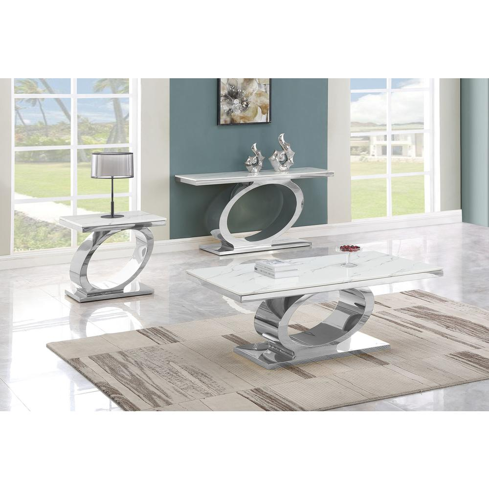 3pc White marble coffee table set with silver base