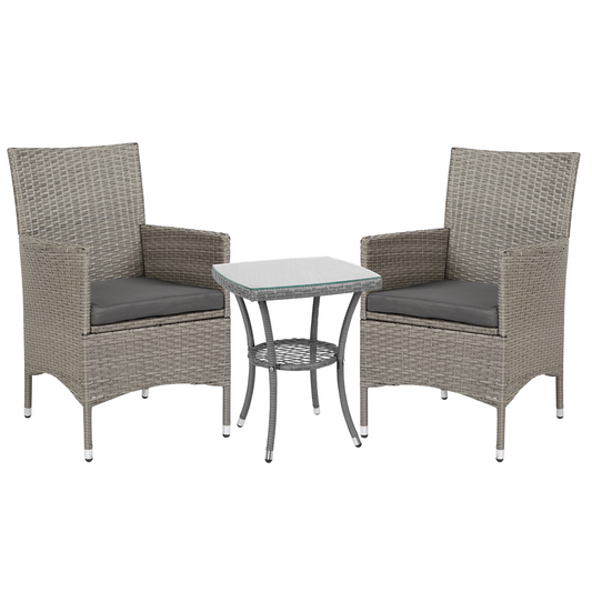 Outsunny Garden Outdoor Rattan Furniture Bistro Set 3 PCs Patio Weave Companion Chair Table Set Conservatory, Light Grey