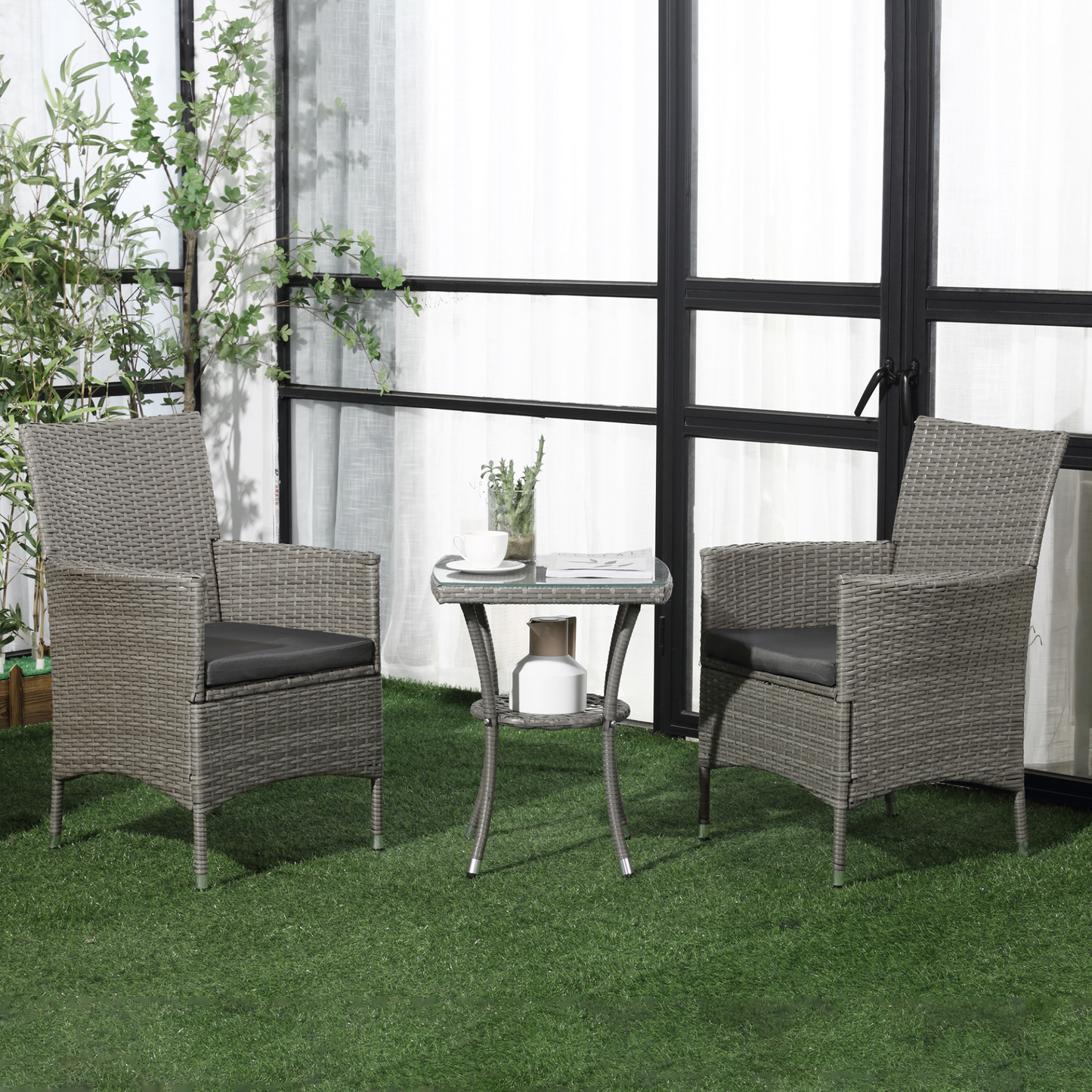 Outsunny Garden Outdoor Rattan Furniture Bistro Set 3 PCs Patio Weave Companion Chair Table Set Conservatory, Light Grey