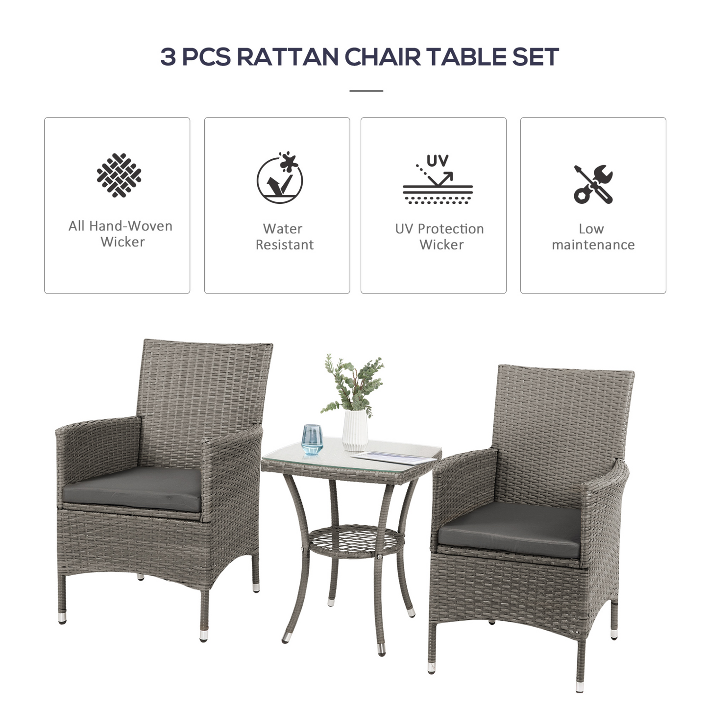 Outsunny Garden Outdoor Rattan Furniture Bistro Set 3 PCs Patio Weave Companion Chair Table Set Conservatory, Light Grey