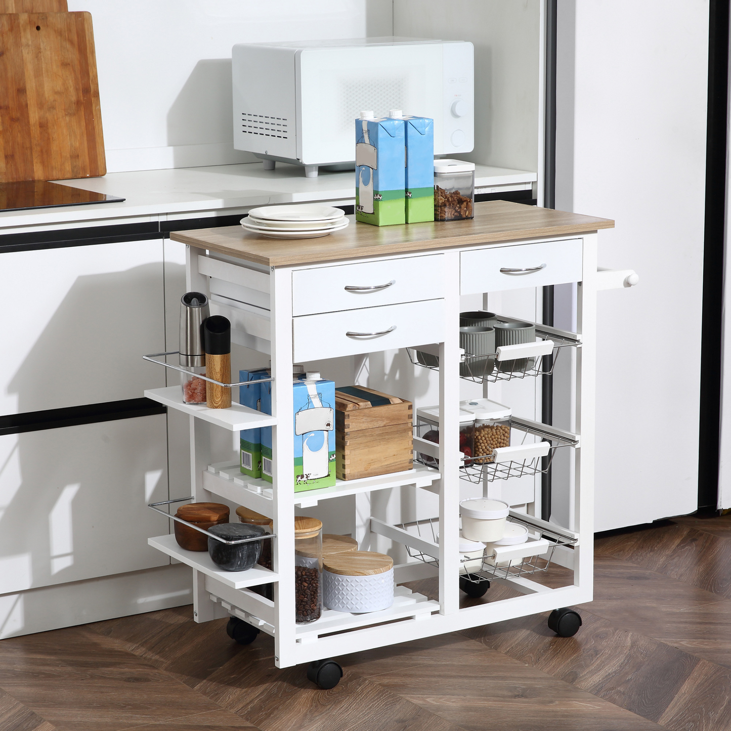 HOMCOM Rolling Kitchen Island on Wheels Trolley Utility Cart with Spice Racks, Towel Rack, Baskets & Drawers for Dining Room