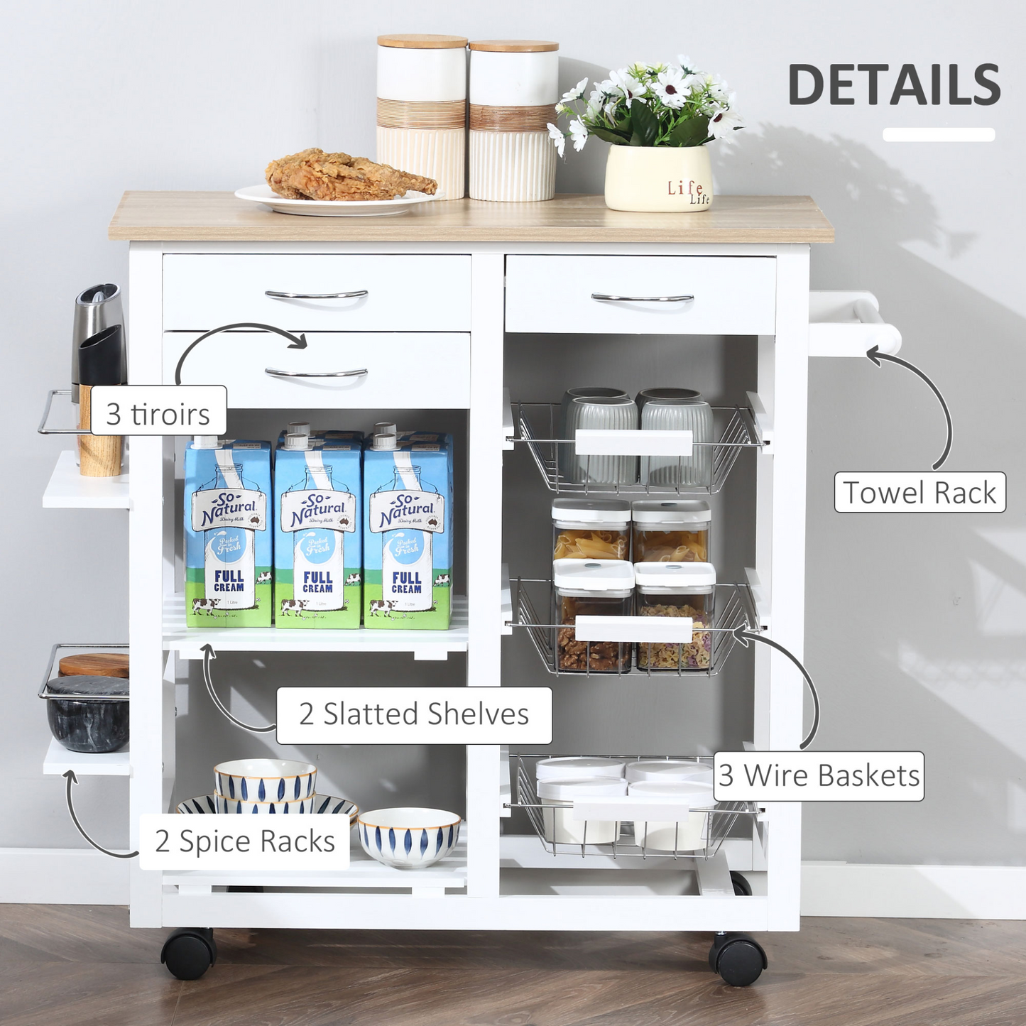 HOMCOM Rolling Kitchen Island on Wheels Trolley Utility Cart with Spice Racks, Towel Rack, Baskets & Drawers for Dining Room