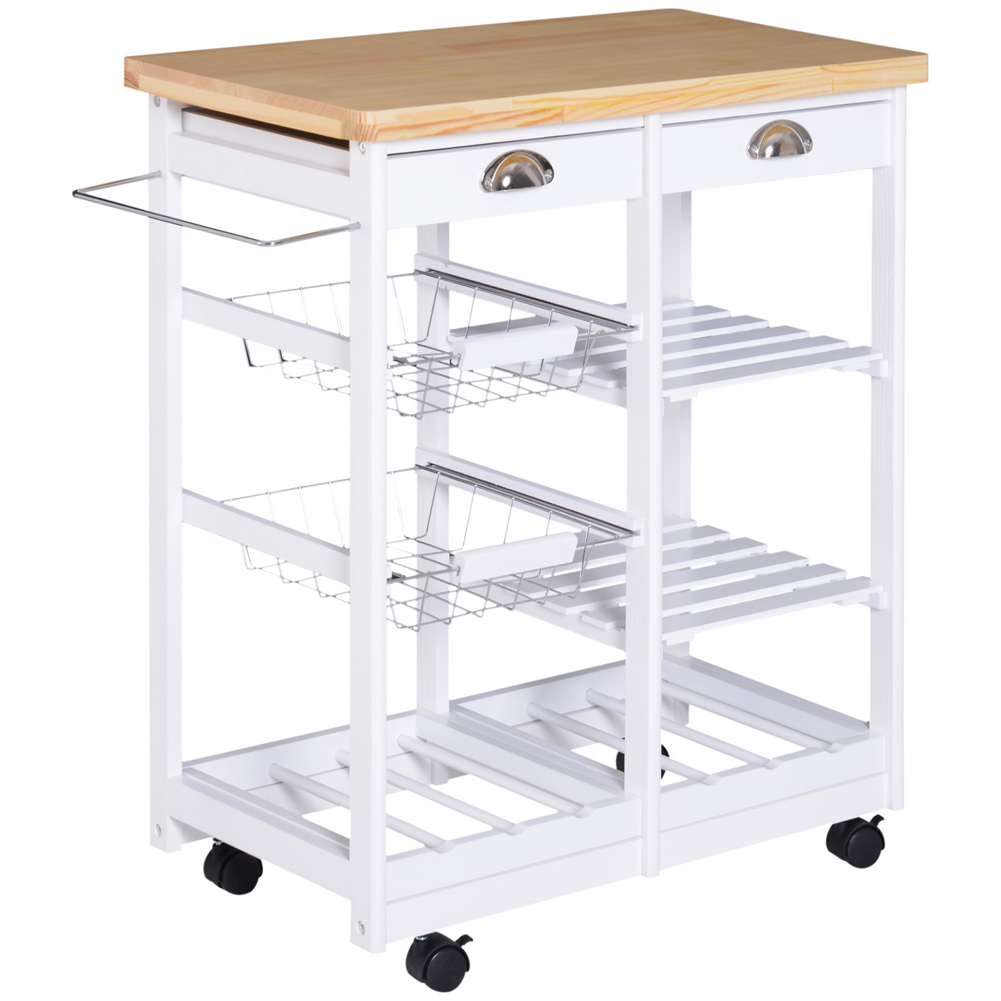 HOMCOM Rolling Kitchen Island Trolley Cart Drawer Shelves Basket Wheels W/  6 Bottle Wine Rack White