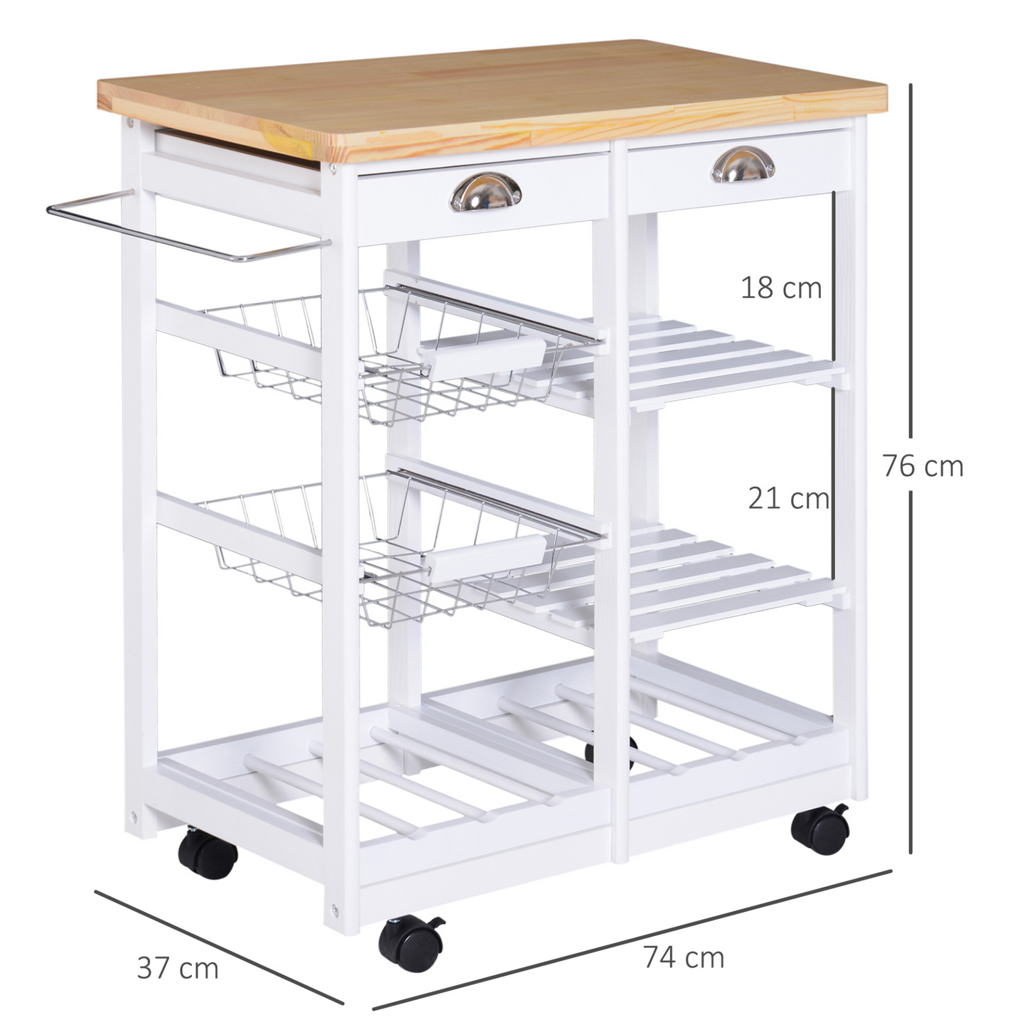 HOMCOM Rolling Kitchen Island Trolley Cart Drawer Shelves Basket Wheels W/  6 Bottle Wine Rack White