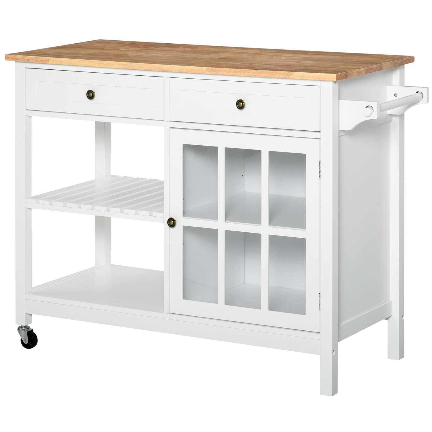 HOMCOM Modern Kitchen Island on Wheels, Kitchen Trolley Storage Cart with 2 Drawers, Cabinet, Towel Rack, Rubber Wood Top for Dining Room, White