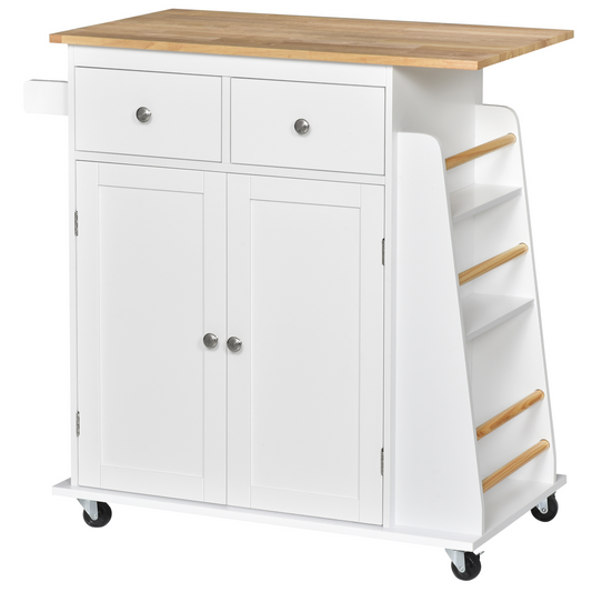 HOMCOM Kitchen Island Storage Cabinet Rolling Trolley with Rubber Wood Top, 3-Tier Spice Rack, Large Cabinet & Drawers