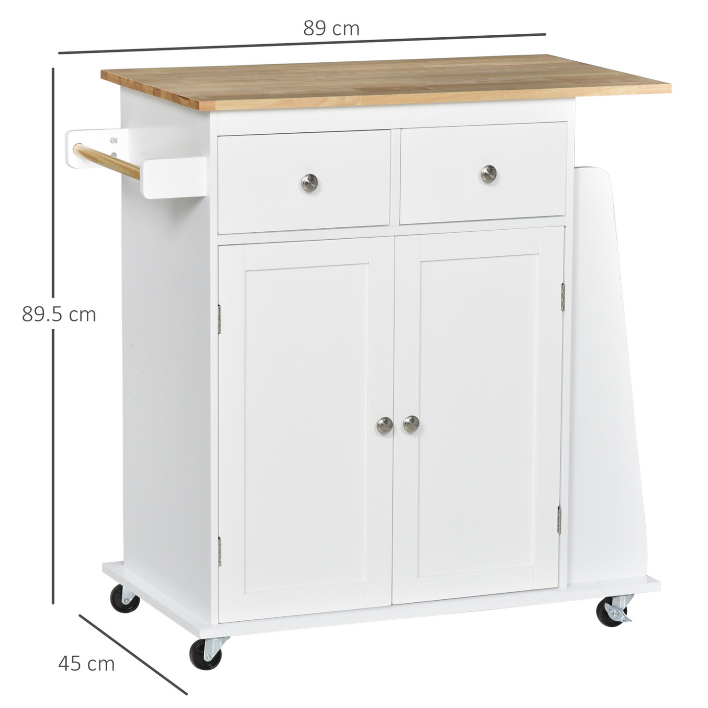 HOMCOM Kitchen Island Storage Cabinet Rolling Trolley with Rubber Wood Top, 3-Tier Spice Rack, Large Cabinet & Drawers