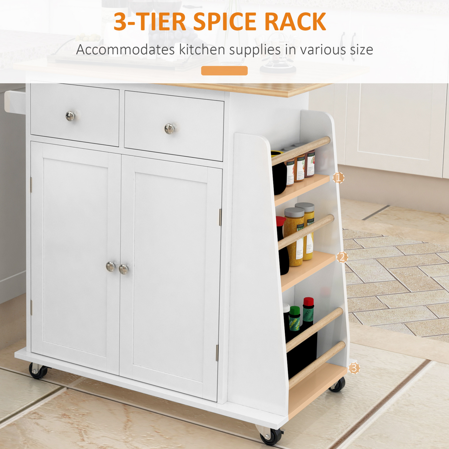 HOMCOM Kitchen Island Storage Cabinet Rolling Trolley with Rubber Wood Top, 3-Tier Spice Rack, Large Cabinet & Drawers