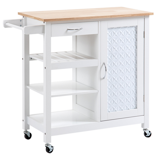 HOMCOM Kitchen Trolley, Kitchen Island on Wheels with Embossed Door Panel, Utility Kitchen Cart with 3 Storage Shelves, White