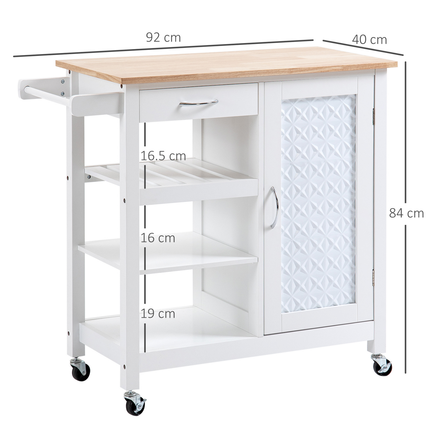 HOMCOM Kitchen Trolley, Kitchen Island on Wheels with Embossed Door Panel, Utility Kitchen Cart with 3 Storage Shelves, White