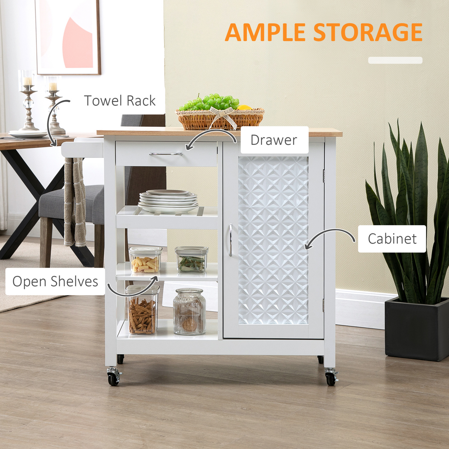 HOMCOM Kitchen Trolley, Kitchen Island on Wheels with Embossed Door Panel, Utility Kitchen Cart with 3 Storage Shelves, White