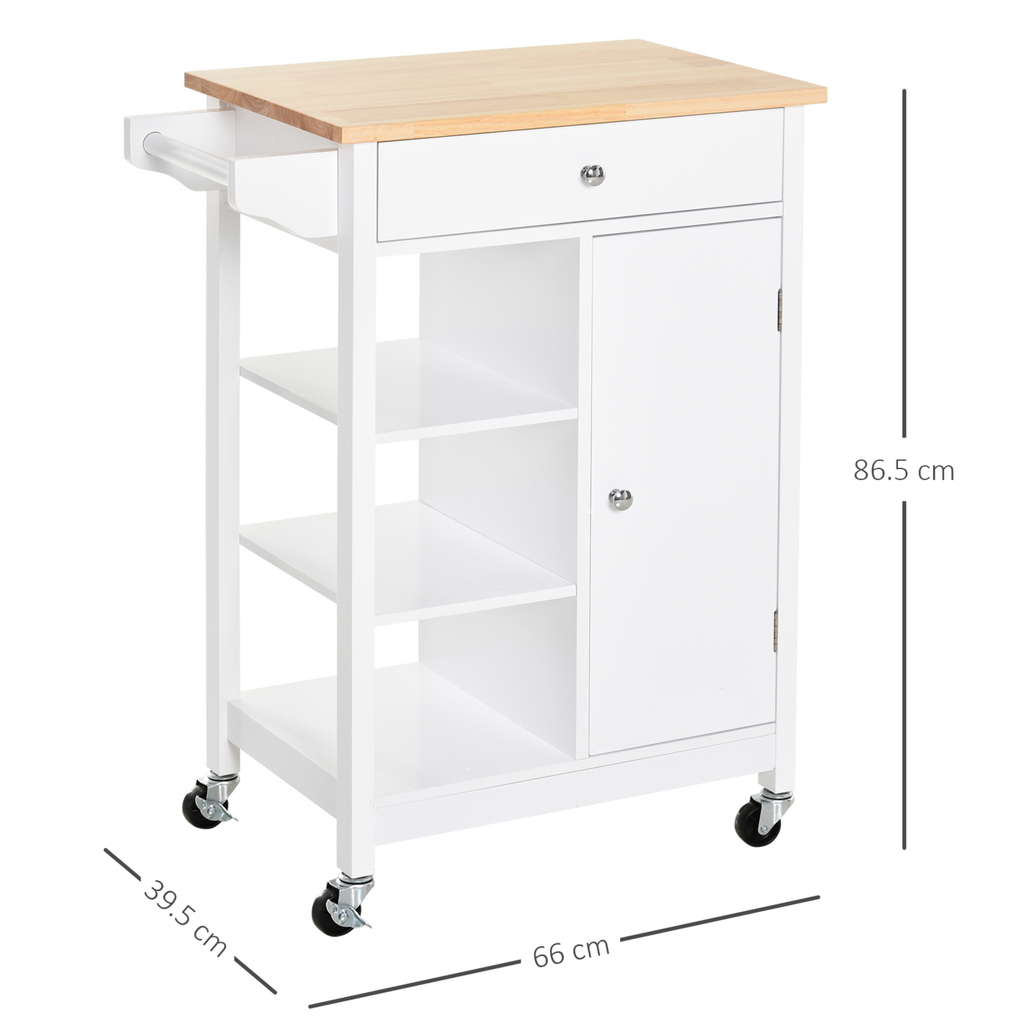 HOMCOM Kitchen Trolley, Kitchen Island on Wheels, w/ Wood Top, 3 Shelves and Storage Cupboard, White