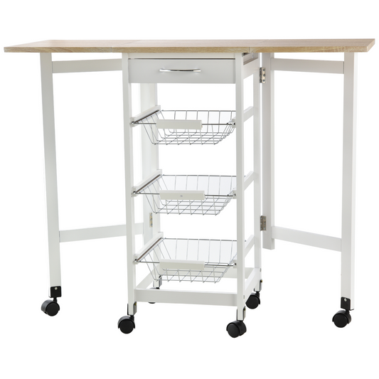 HOMCOM Drop-Leaf Kitchen Cart Trolley w/ 3 Baskets Drawer Surface Top 6 Universal Wheels Rolling Storage Unit Kitchen Home Dining Island White Oak Tone