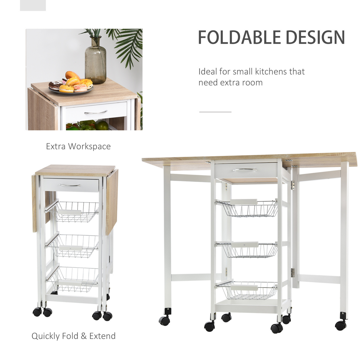 HOMCOM Drop-Leaf Kitchen Cart Trolley w/ 3 Baskets Drawer Surface Top 6 Universal Wheels Rolling Storage Unit Kitchen Home Dining Island White Oak Tone