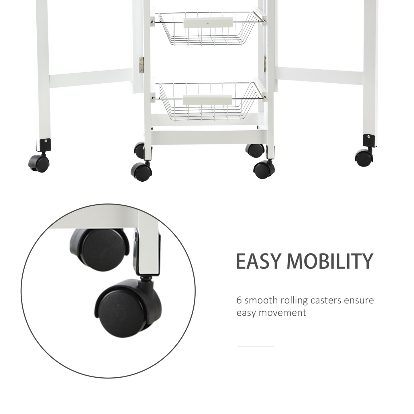 HOMCOM Drop-Leaf Kitchen Cart Trolley w/ 3 Baskets Drawer Surface Top 6 Universal Wheels Rolling Storage Unit Kitchen Home Dining Island White Oak Tone