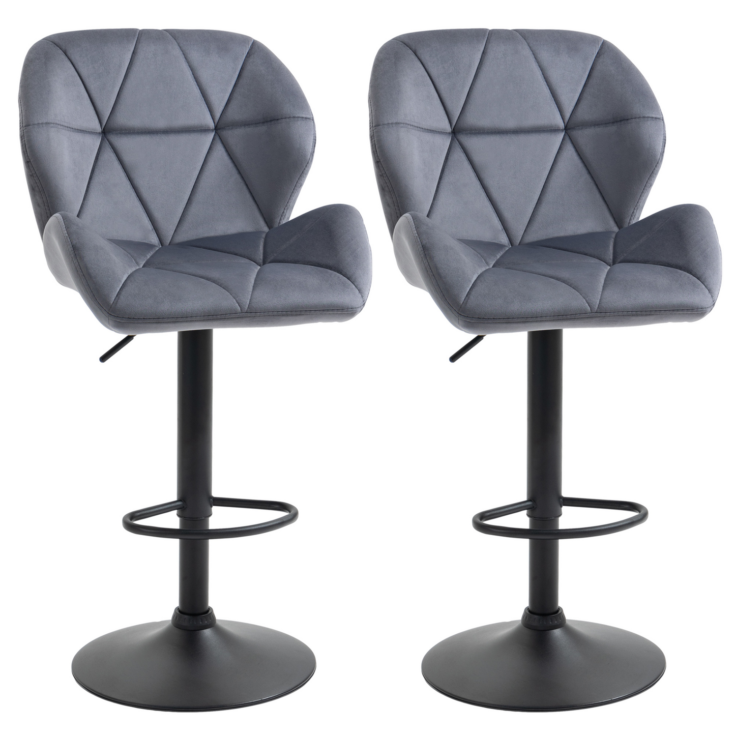 HOMCOM Bar Stool Set of 2 Fabric Adjustable Height Armless Upholstered Counter Chairs with Swivel Seat, Grey