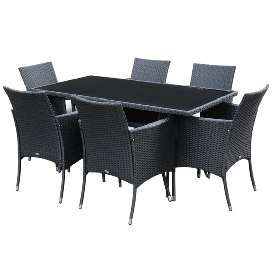 Outsunny Rattan Garden Furniture Dining Set 6-seater Patio Rectangular Table Cube Chairs Outdoor Fire Retardant Sponge Black