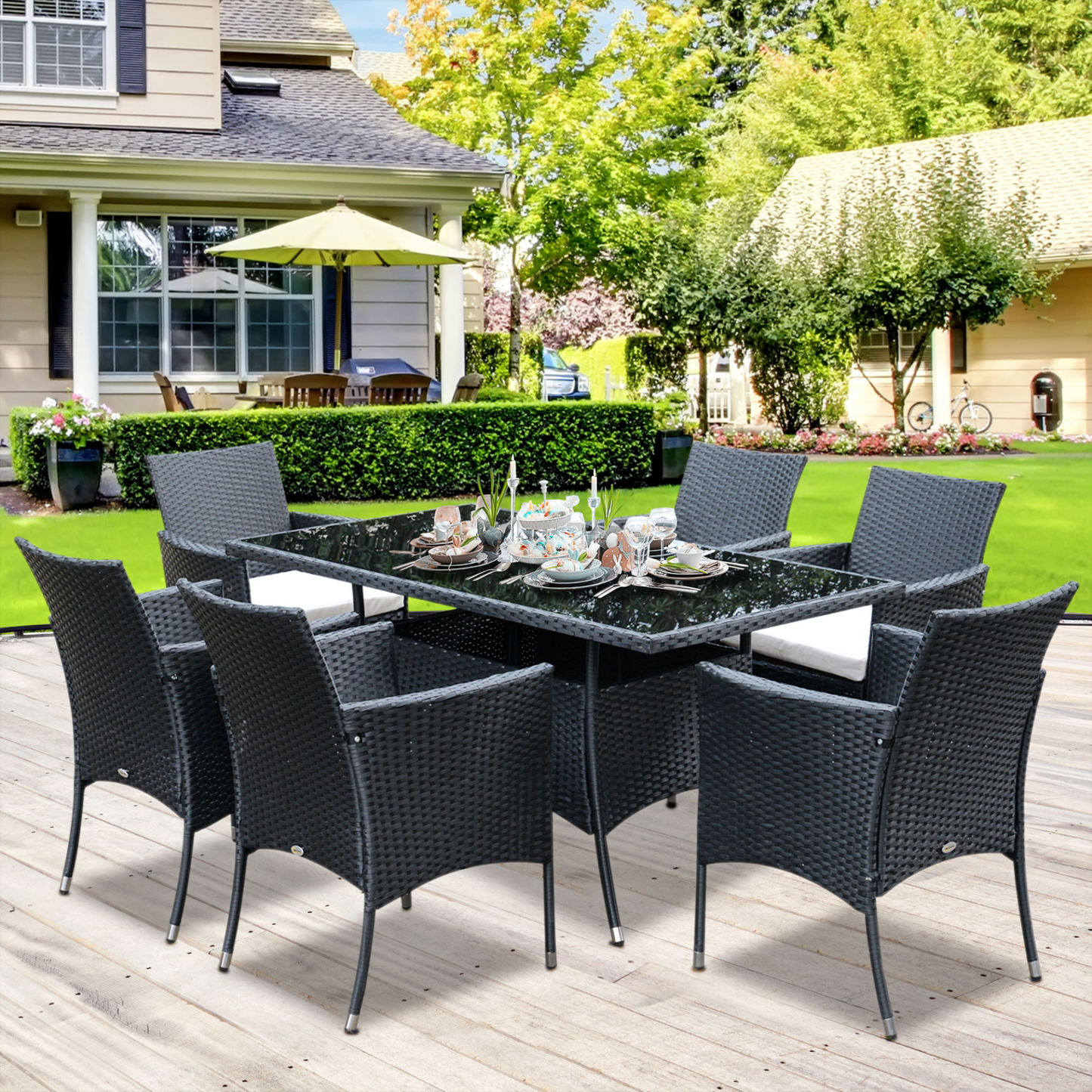 Outsunny Rattan Garden Furniture Dining Set 6-seater Patio Rectangular Table Cube Chairs Outdoor Fire Retardant Sponge Black