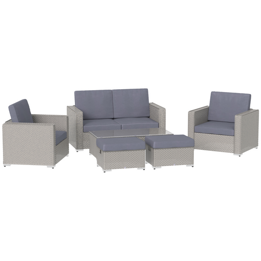 Outsunny 6PC Garden Rattan Sofa Set Bonzer Outdoor Furniture Patio Table Loveseat Stool Lounging Ottoman Aluminium Frame Wicker Weave Conservatory Grey