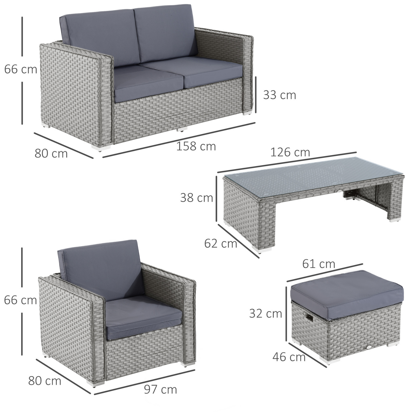 Outsunny 6PC Garden Rattan Sofa Set Bonzer Outdoor Furniture Patio Table Loveseat Stool Lounging Ottoman Aluminium Frame Wicker Weave Conservatory Grey