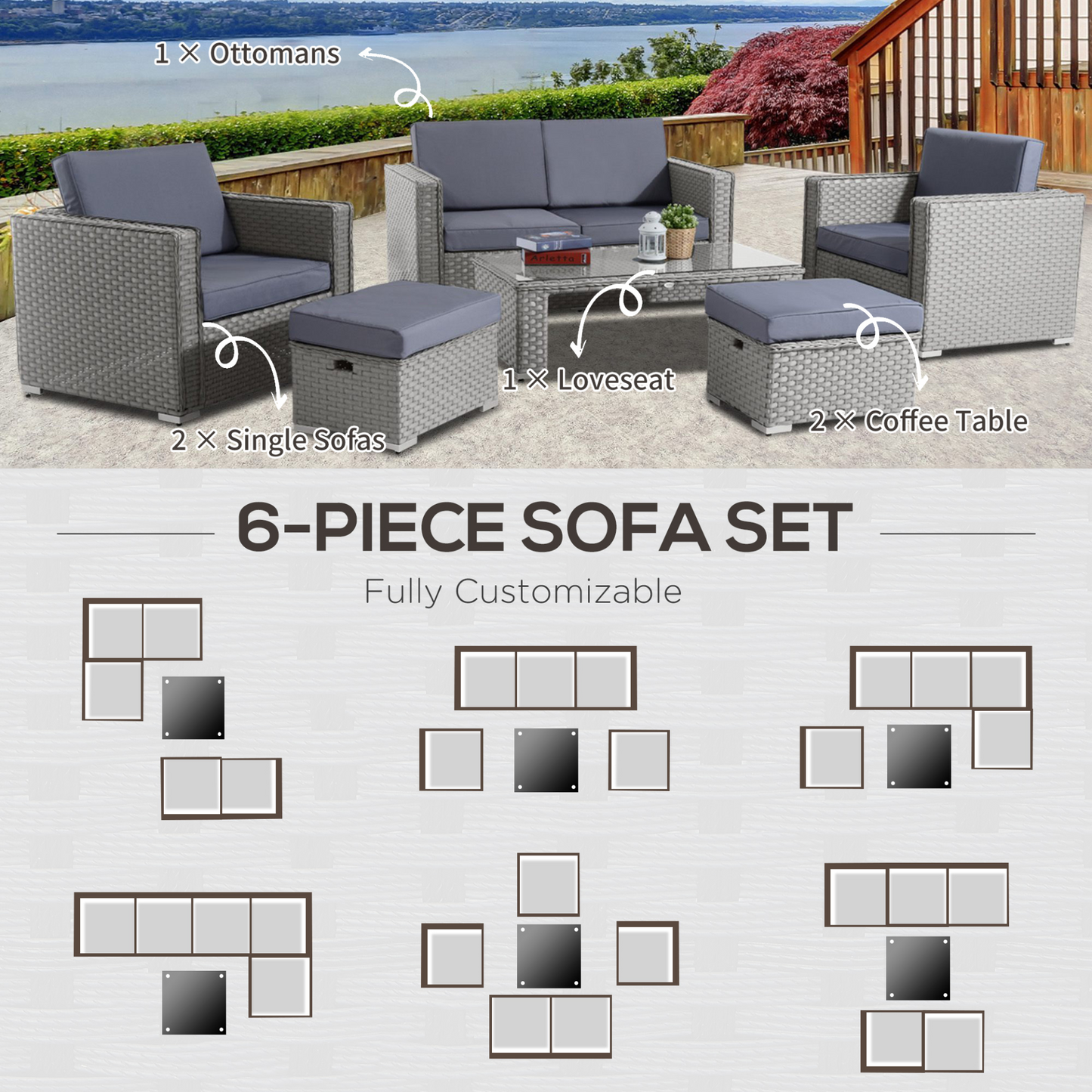 Outsunny 6PC Garden Rattan Sofa Set Bonzer Outdoor Furniture Patio Table Loveseat Stool Lounging Ottoman Aluminium Frame Wicker Weave Conservatory Grey