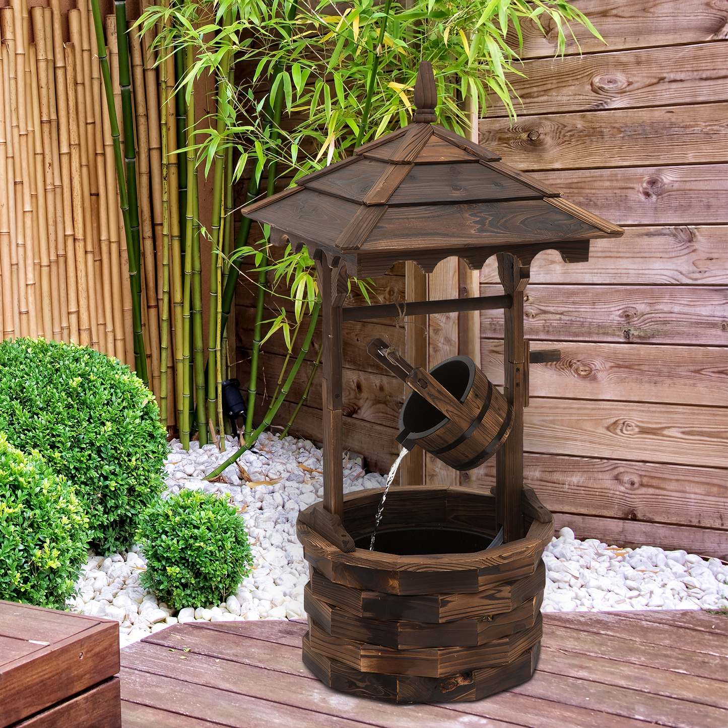 Outsunny Wooden Garden Wishing Well Fountain Barrel Waterfall Rustic Wood with Pump Garden Décor Ornament