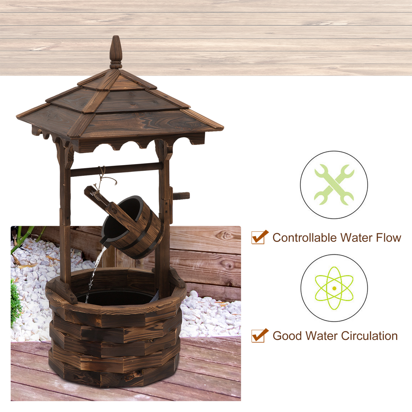 Outsunny Wooden Garden Wishing Well Fountain Barrel Waterfall Rustic Wood with Pump Garden Décor Ornament