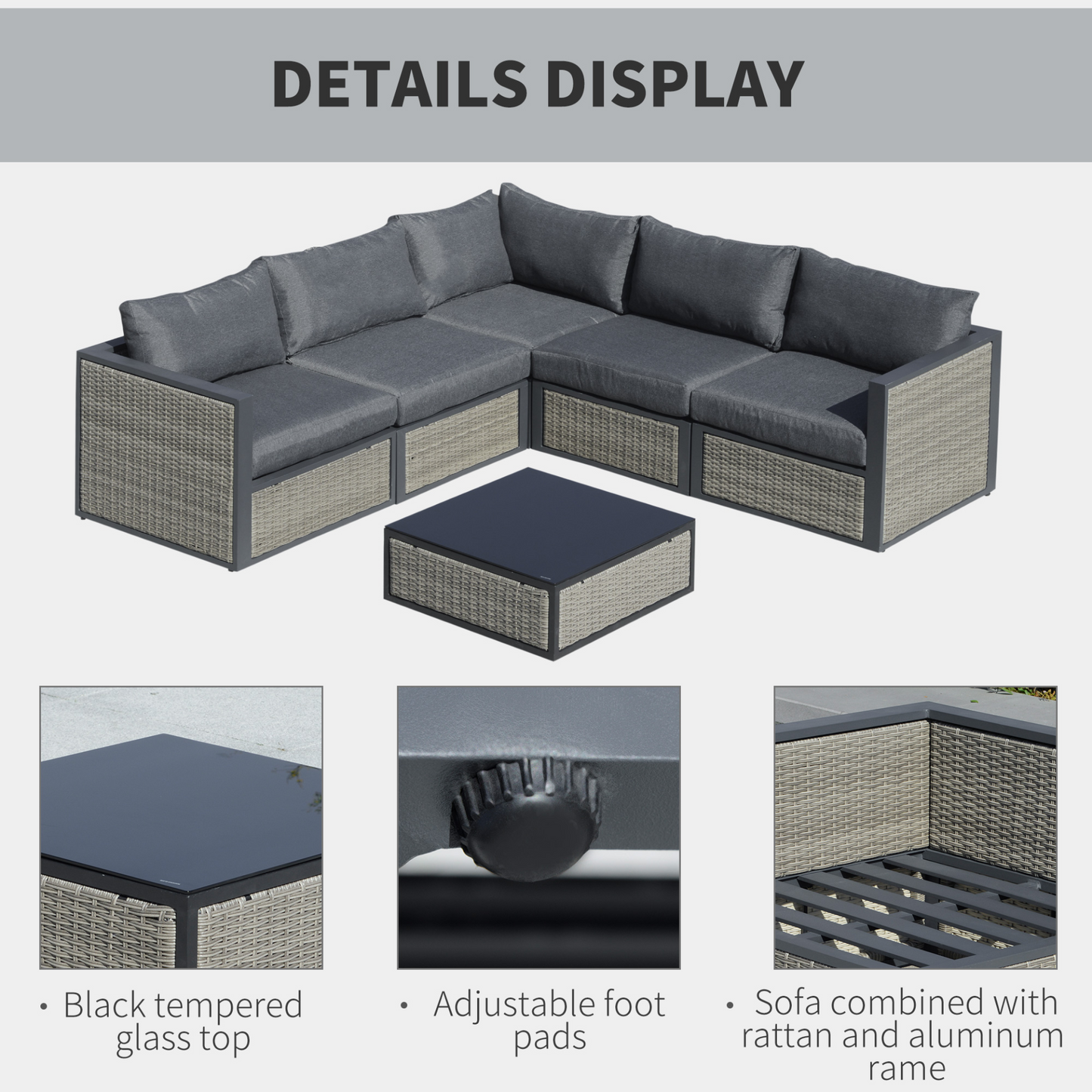 Outsunny 6 Pieces Patio Wicker Corner Sofa Set, Outdoor PE Rattan Sectional Conversation Aluminum Frame Furniture Set w/ Padded Cushion & Coffee Table, Grey