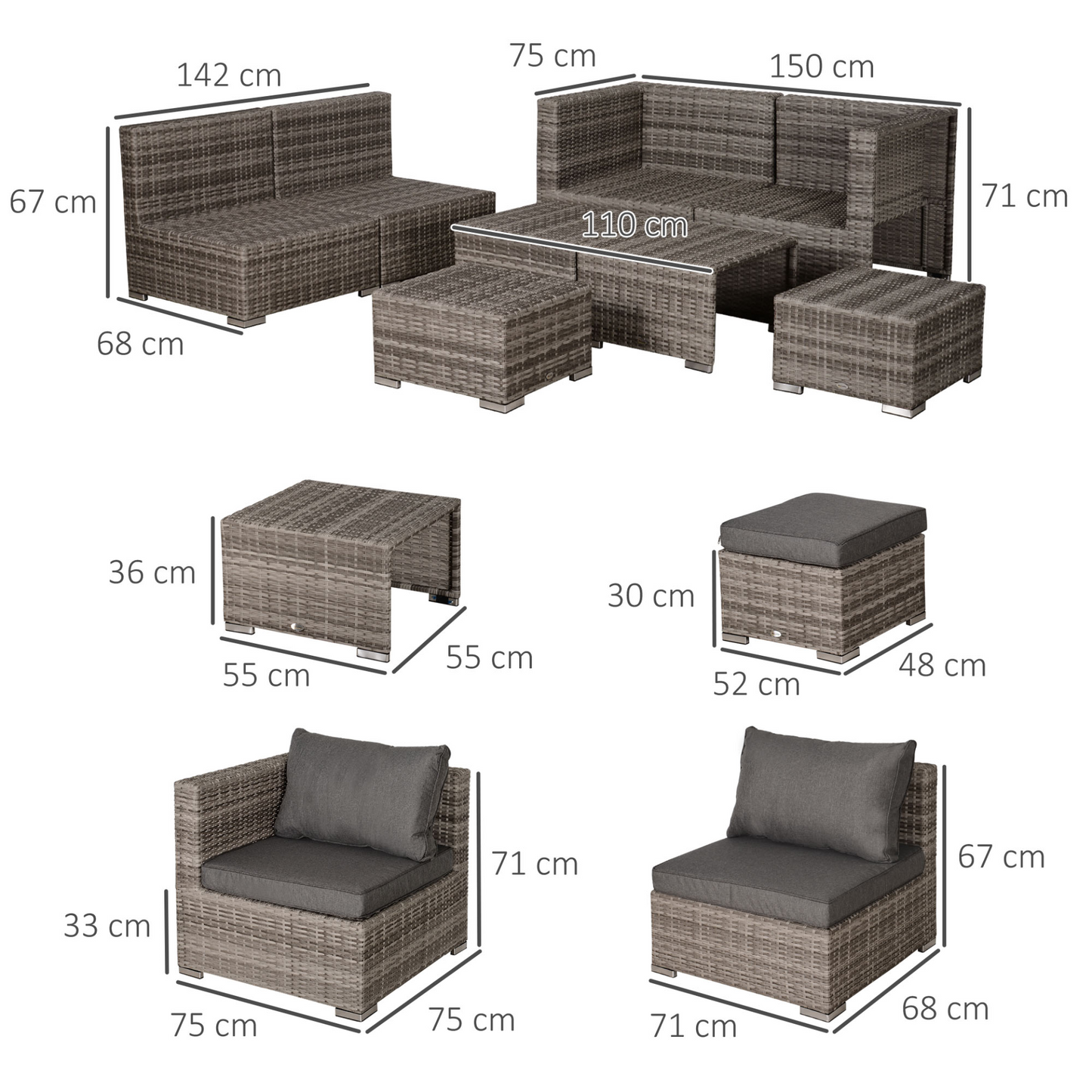 Outsunny 8pc Rattan Garden Furniture 6 Seater Sofa & Coffee Table Set Bonzer Outdoor Patio Furniture Wicker Weave Chair Space-saving Compact - Grey