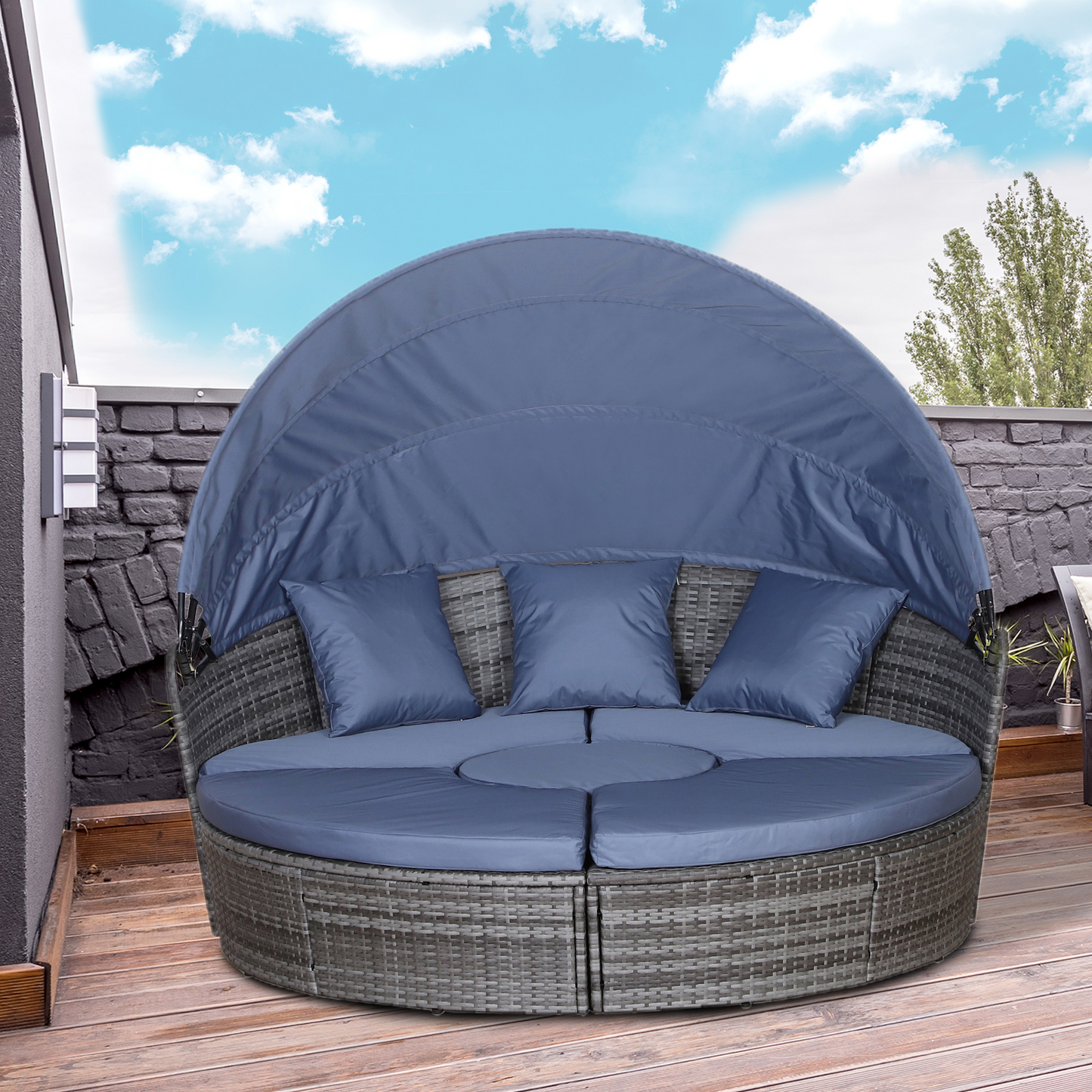 Outsunny Rattan Garden Furniture Cushioned Wicker Round Sofa Bed with Coffee Table  Patio Conversation Furniture Set - Grey