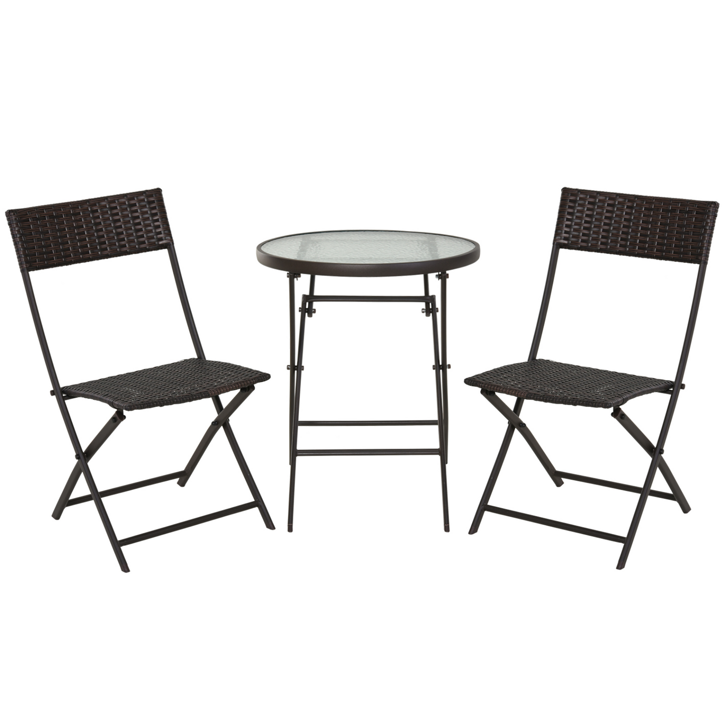 Outsunny 3 Pieces Rattan Bistro Set, Patio Balcony Furniture Includes 2 Folding Rattan Chair & Glass Coffee Table for Garden, Balcony, Outdoor, Brown