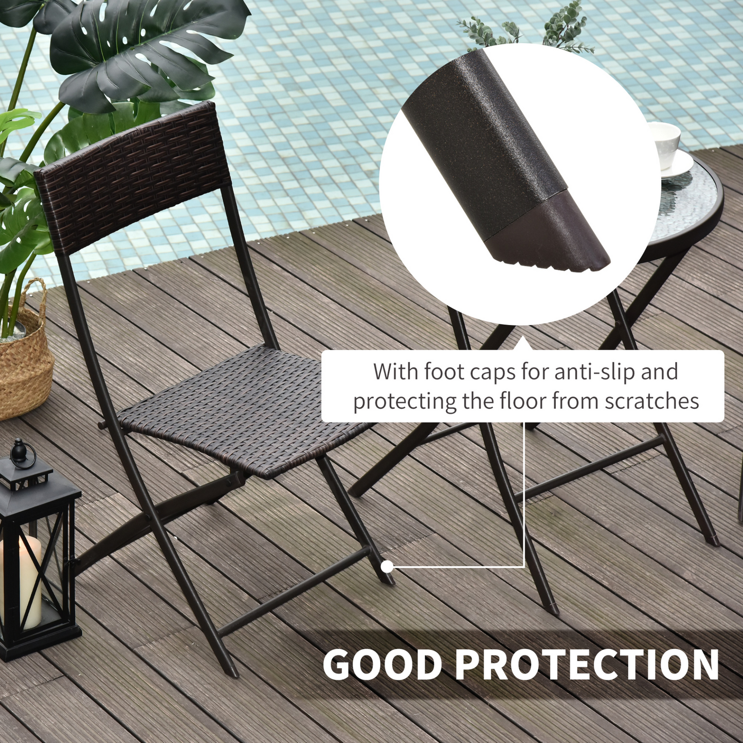 Outsunny 3 Pieces Rattan Bistro Set, Patio Balcony Furniture Includes 2 Folding Rattan Chair & Glass Coffee Table for Garden, Balcony, Outdoor, Brown