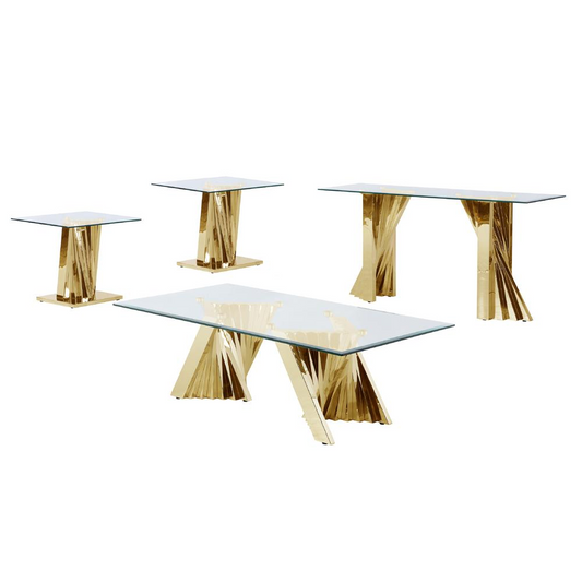 Glass Coffee Table Sets: Coffee Table, 2 End Tables and Console Table with Stainless Steel Gold Base