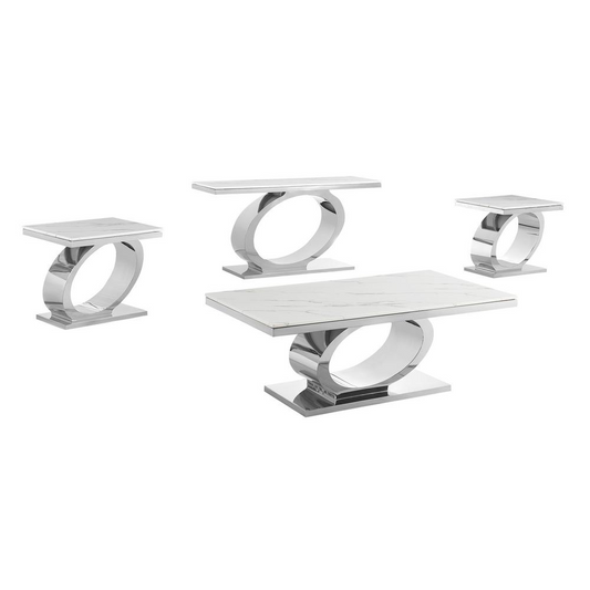 4pc White marble coffee table set with silver base