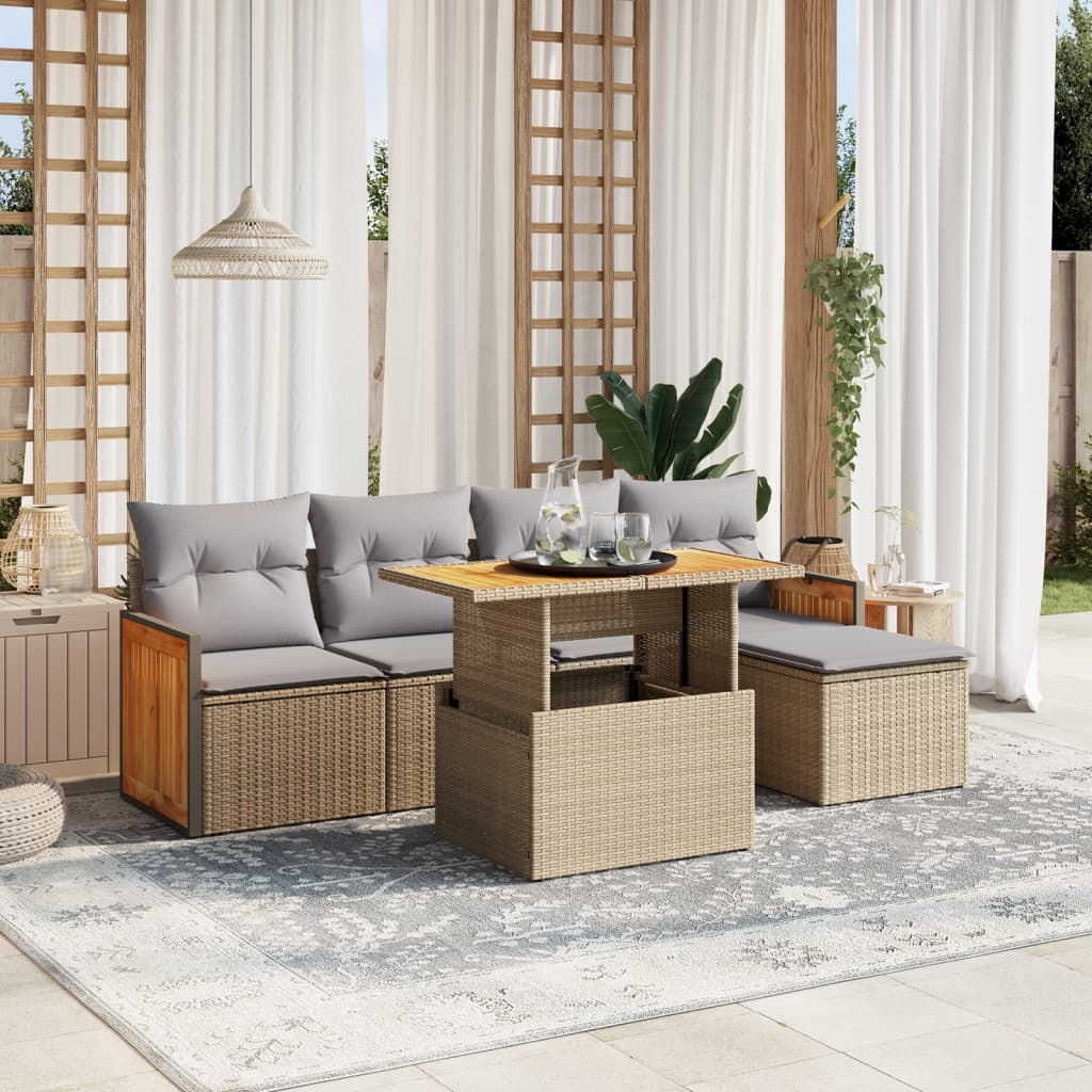 vidaXL 6 Piece Garden Sofa Set with Cushions Beige Poly Rattan