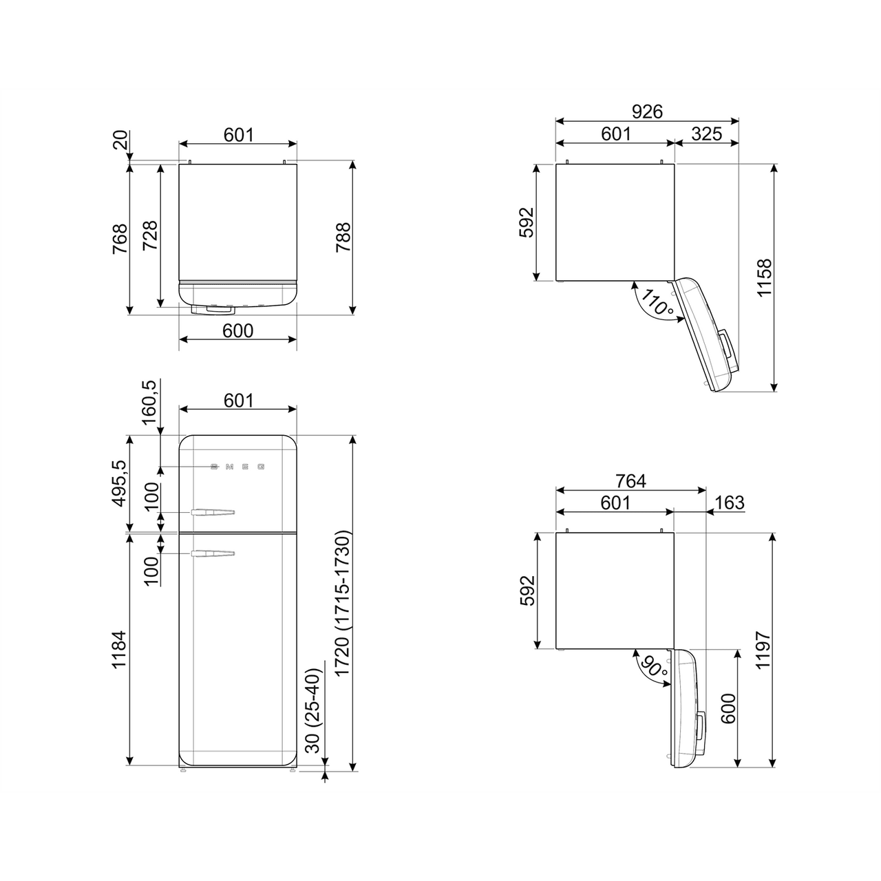 Smeg Right Hand Hinge FAB30RBL5UK 80/20 Fridge Freezer - Black